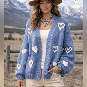 Threaded leaf Blue Heart Patterned Women's Sweater patchwork
